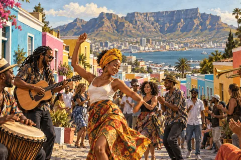 Present-day Cape Town community music celebration in colorful streets with Table Mountain beyond, imagined gathering.
