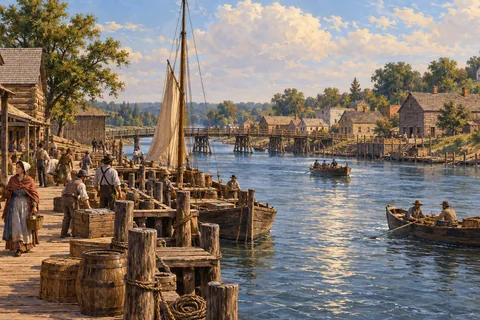Imagined Chicago river town in 1837, timber waterfront buildings and small boats, neighbors walking.