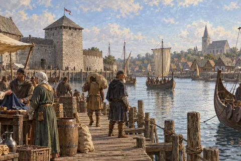 Imagined Copenhagen harbor in the late twelfth century, simple stone fortification and wooden boats, merchants on a wharf.