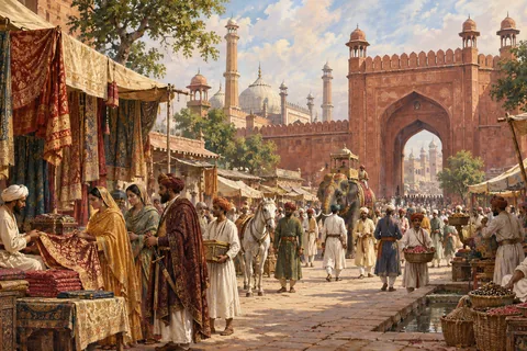 Imagined seventeenth-century Shahjahanabad market, Mughal-era red sandstone gateways and textile stalls, dignified everyday street life.
