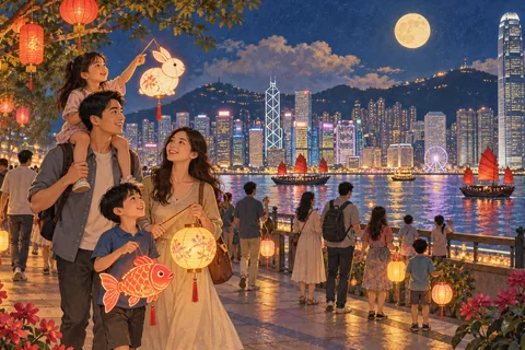 Present-day Hong Kong Mid-Autumn lantern gathering, families carrying lanterns along a waterfront promenade, imagined festive scene.