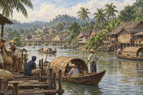 Imagined early Kuala Lumpur river settlement in the nineteenth century, modest timber houses, workers and riverboats, tropical greenery.