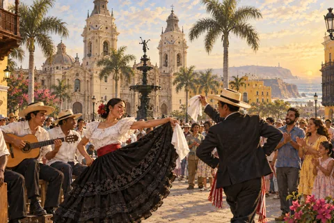 Present-day Lima heritage celebration in a colonial-era square, diverse neighbors and musicians, warm coastal light, imagined event.
