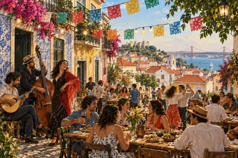 Present-day Lisbon neighborhood street celebration with paper bunting, communal tables and music, tiled buildings, imagined festive scene.