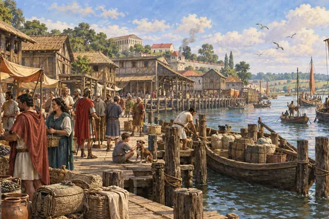 Imagined life and river trade in Roman Londinium.