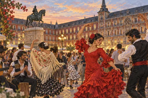 Imagined festive gathering in Madrid, not a depiction of a specific San Isidro event.