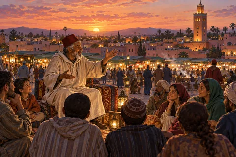 Present-day imagined Jemaa el-Fna storytelling gathering at dusk, attentive listeners, medina rooftops, respectful everyday cultural scene.