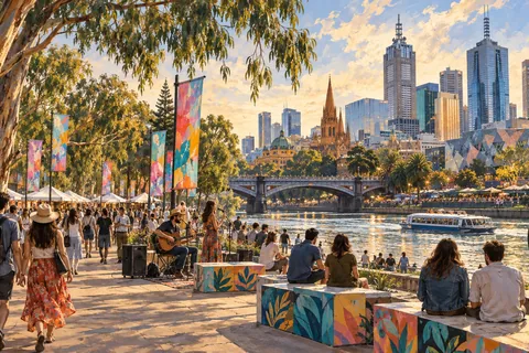 Present-day Melbourne community arts celebration along the Yarra, walkers and colorful public art, imagined celebration.