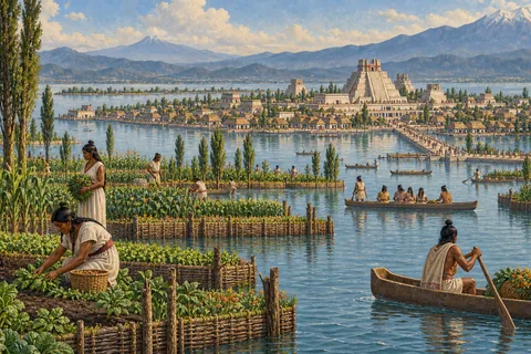 Imagined fourteenth-century Tenochtitlan community, lake island, chinampa gardens, canoes and modest early Mexica buildings.