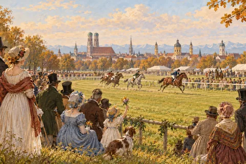 Artistic reconstruction of Munich’s first Oktoberfest horse-race celebration in 1810.