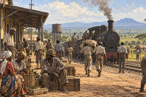 Imagined Nairobi railway settlement around 1899, African railway workers and neighbors at a modest station, distant grasslands.