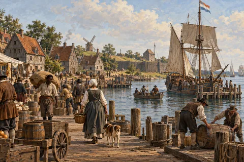 Imagined New Amsterdam waterfront around 1625, modest timber houses and sailing vessels, varied people carrying everyday goods.