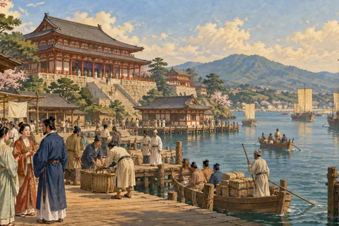Imagined Naniwa palace and harbor community in early Osaka, with stylised architecture.