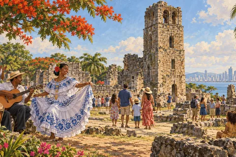 Present-day heritage gathering at Panamá Viejo with its surviving stone bell tower, families enjoying local music, tropical landscape.