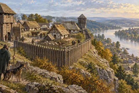 Imagined early Prague Castle settlement in the late ninth century, timber fortifications and simple dwellings above the Vltava.
