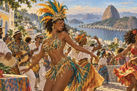 Present-day Rio neighborhood samba gathering, dancers and musicians in colorful attire, Sugarloaf beyond, imagined carnival-inspired celebration.