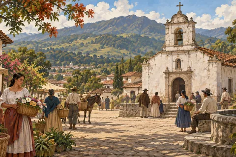 Imagined San José Costa Rica community beside a small eighteenth-century chapel, people carrying baskets, modest buildings and green highlands.