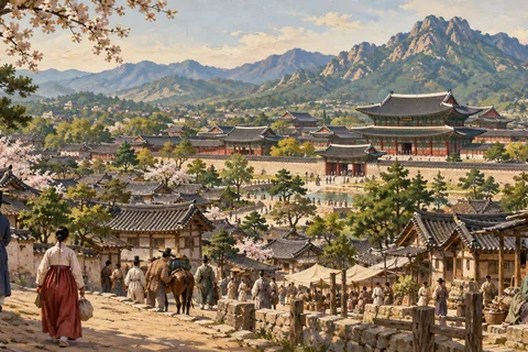 Imagined early Joseon Seoul community in the late fourteenth century, timber palace halls and traditional homes, mountains beyond.