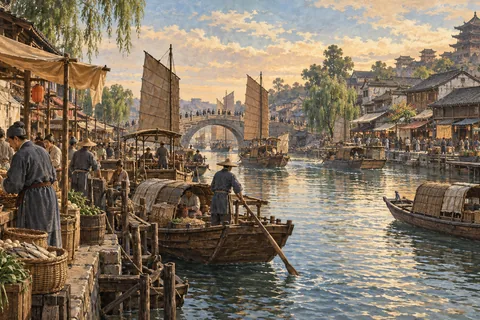 Imagined medieval Shanghai river market in the late thirteenth century, wooden boats and modest tiled buildings.