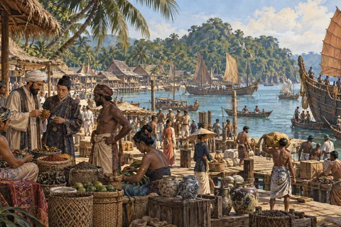 Imagined fourteenth-century Temasek trading harbor, regional wooden ships, a multicultural trading community, tropical vegetation.