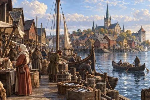 Imagined Stockholm trading community in the thirteenth century, timber waterfront houses and boats, Nordic light.