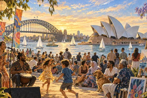 Present-day Sydney waterfront community arts gathering with harbor sails and Opera House, diverse neighbors, imagined celebration.
