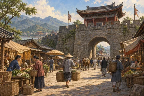 Imagined late nineteenth-century Taipei city gate and market, stone walls and traditional tiled roofs, people with baskets.