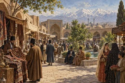 Imagined late eighteenth-century Tehran bazaar gathering, brick courtyard, modest Qajar-era architecture and Alborz mountains.