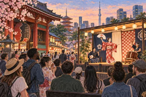 Imagined outdoor arts gathering in contemporary Tokyo, not a specific festival performance.