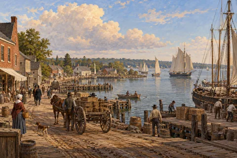 Imagined Toronto waterfront town in 1834, modest brick and timber buildings, sailing ships and neighbors.