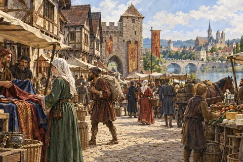 Imagined medieval Vienna market, with stylised architecture and everyday trading life.