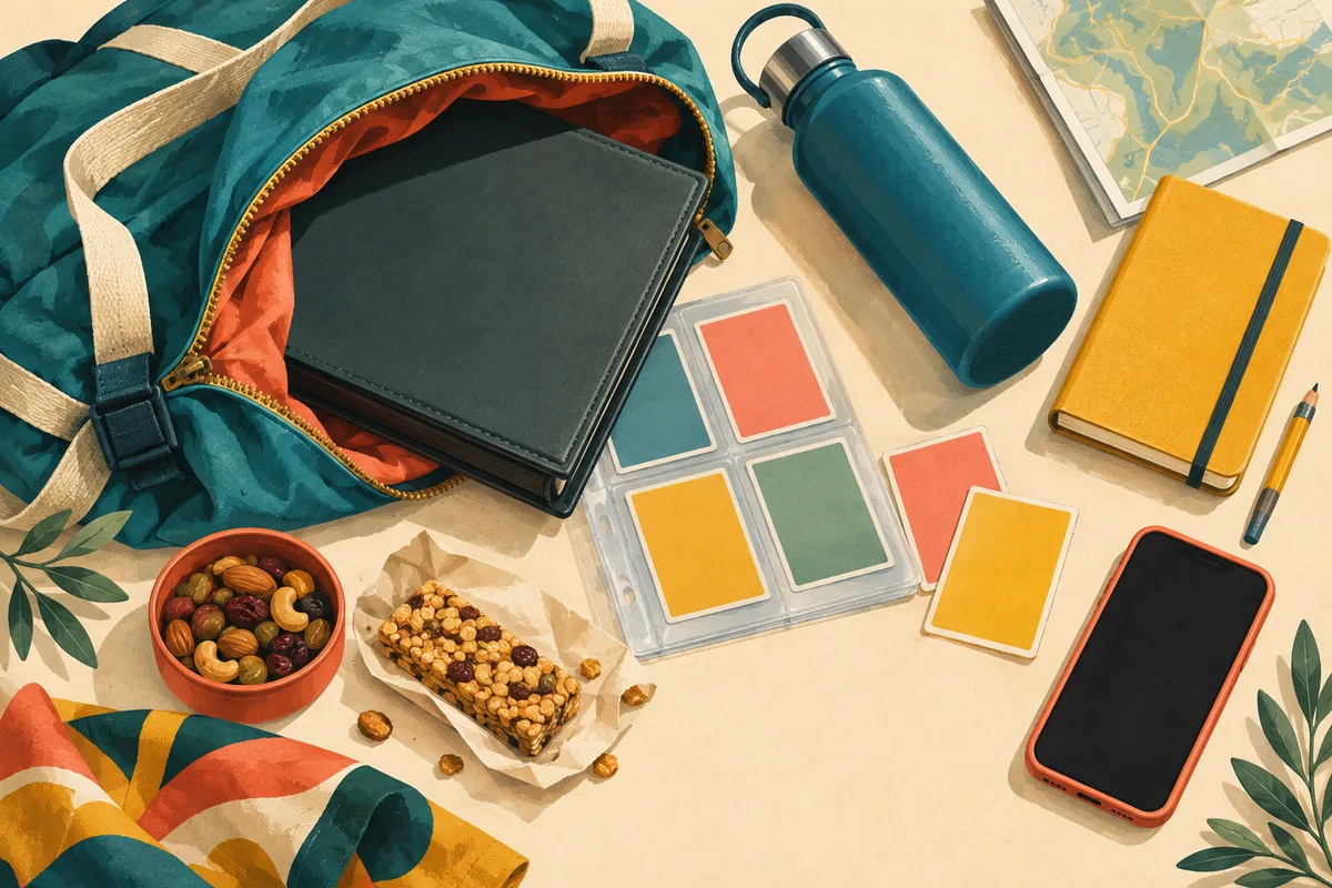 Illustrated collector’s essentials: binder, card sleeves, phone, water and snacks