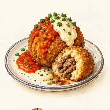Illustration of Bomba. A fried potato-and-meat ball with sauces, closely associated with Barceloneta’s tapas bars.