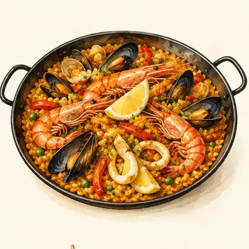 Illustration of Seafood rice. A seaside area to look for rice dishes cooked in seafood stock. Check the menu for portion sizes and minimum orders.