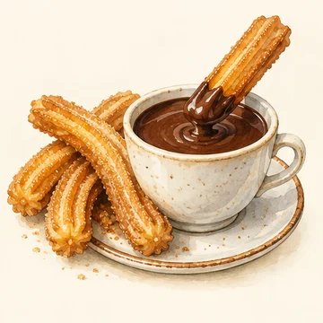 Illustration of Chocolate & churros. Dip fried dough into thick hot chocolate. Petritxol is a traditional chocolate-shop street in the old city.