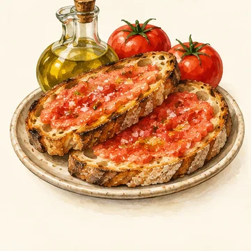 Illustration of Pa amb tomàquet. Bread rubbed with ripe tomato and dressed with olive oil. Try this Catalan staple alongside small plates.