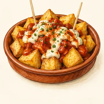Illustration of Patatas bravas. Potatoes with lively sauces, ideal for sharing. Explore Gràcia’s squares and tapas bars; recipes differ from bar to bar.