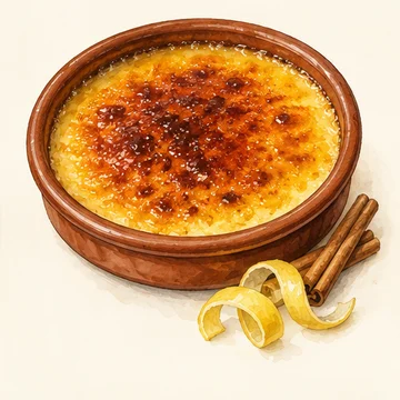 Illustration of Crema catalana. A custard dessert with a thin caramelized sugar crust. A sweet finish to seek on Catalan restaurant menus.