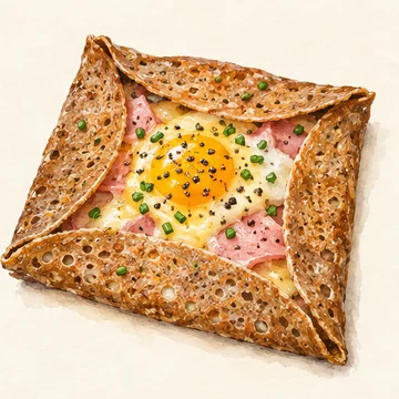 Illustration of Galette. A Breton-style buckwheat pancake, often folded around egg, ham and cheese. Rue du Montparnasse is a classic crêperie area.