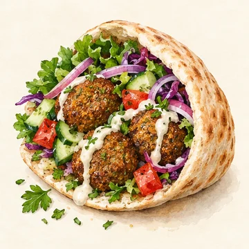 Illustration of Falafel. Crisp chickpea fritters with salads in pita. Rue des Rosiers is a well-known place to explore Paris’s falafel culture.