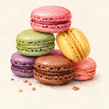 Illustration of Macarons. Colorful almond shells with soft fillings. Browse pâtisseries around Saint-Germain; flavors change with the maker.