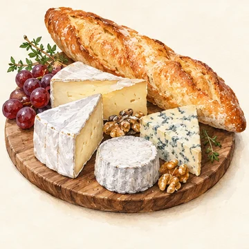 Illustration of Cheese & baguette. Build a little picnic from neighborhood food shops. Ask the cheesemonger for a small portion and a seasonal recommendation.