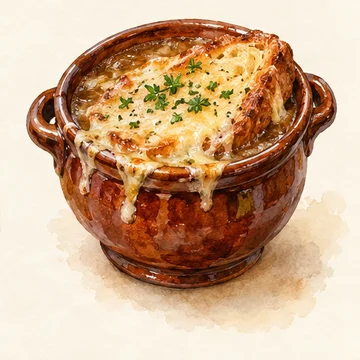 Illustration of Onion soup. Slow-cooked onion soup topped with toast and melted cheese. Look for it on traditional brasserie menus around Les Halles.