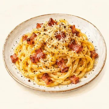 Illustration of Carbonara. Pasta coated with egg, pecorino, pepper and guanciale. Testaccio is a rewarding neighborhood for Roman trattorias.