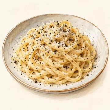 Illustration of Cacio e pepe. Pecorino and black pepper make a deceptively simple pasta sauce. Explore Trastevere trattorias for Roman classics.