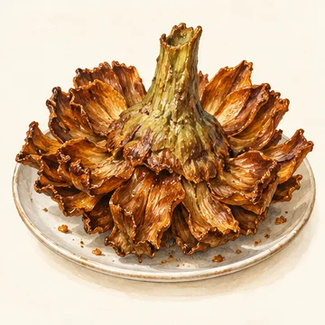 Illustration of Carciofi alla giudia. Whole artichokes fried until the leaves are crisp, a Roman-Jewish specialty. Ask about seasonal availability.