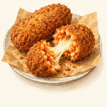 Illustration of Supplì. Crisp rice croquettes with a melting mozzarella center. A snack to seek in pizza-by-the-slice shops while exploring Monti.