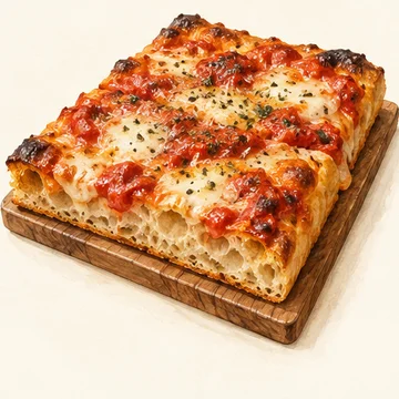 Illustration of Pizza al taglio. Choose a rectangular slice from a bakery or pizza counter. Often sold by weight: ask the price before choosing your portion.