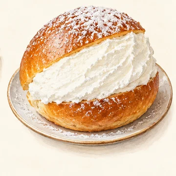 Illustration of Maritozzo. A soft bun split and filled with whipped cream. Explore local pastry shops for this Roman breakfast treat.