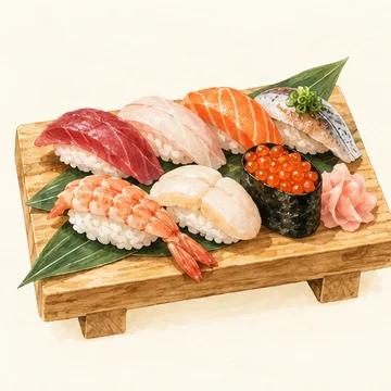 Illustration of Edomae sushi. Seafood over seasoned rice, from traditional nigiri to carefully prepared cured toppings. Explore Ginza sushi counters; prices vary widely.